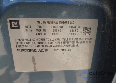 2012 Chevrolet Cruze Ls из США, поврежденный, VIN 1G1PD5SH5C7362610